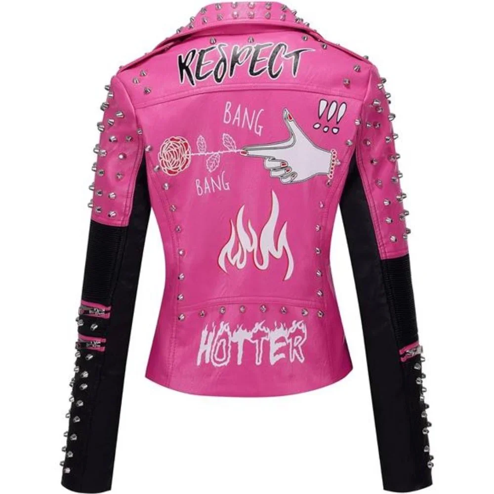 Women Faux Leather Jacket Studded Rivet Winter Streetwear Belted, Black-Pink - Picture 2 of 6